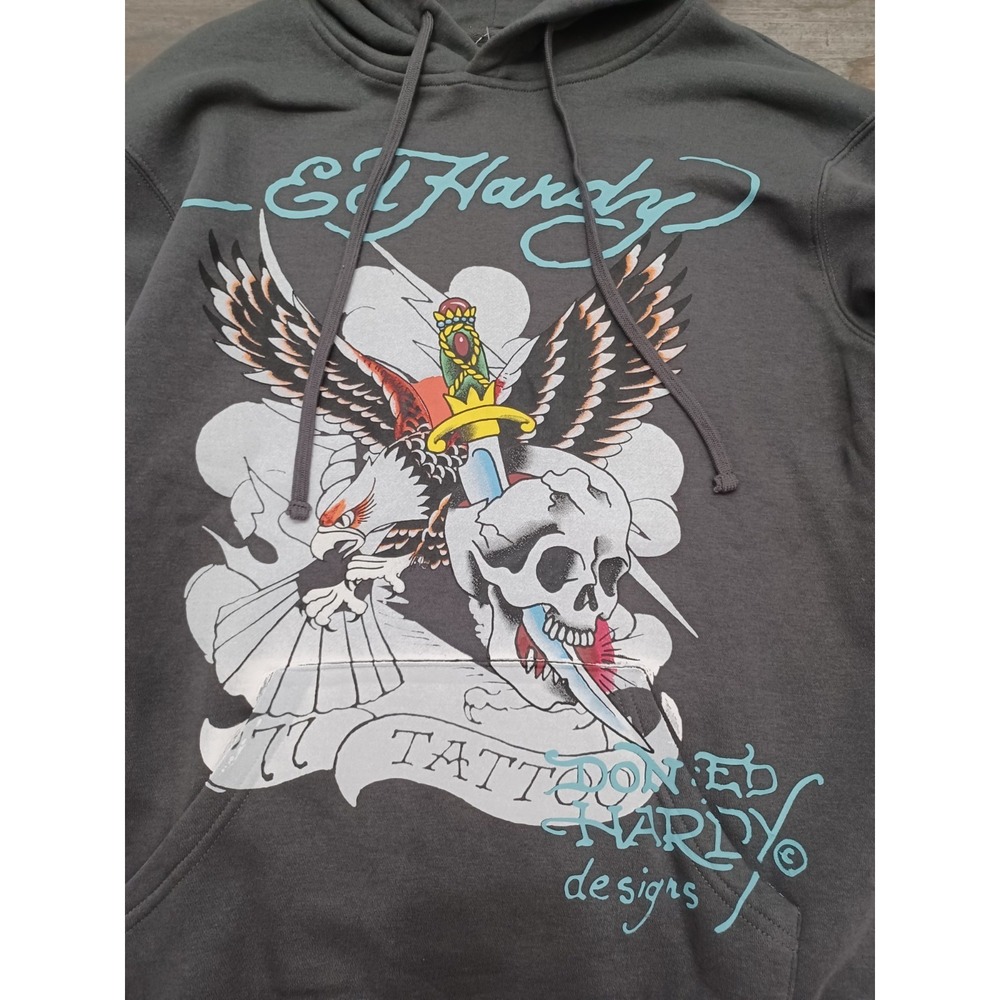 Ed Hardy Men's Hoodie Sweater Eagle Skull Print Sz L Charcoal Color NWT - Picture 2 of 11